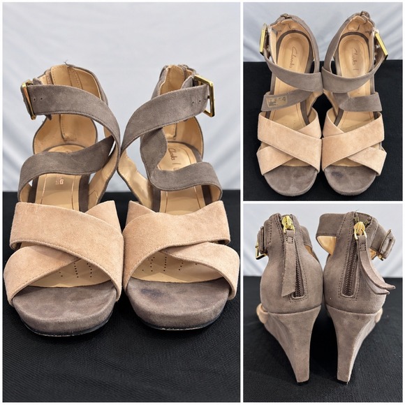 Clarks Shoes - Clarks Cushion Plus Suede Wedge Sandals Taupe Beige Womens 8.5 M